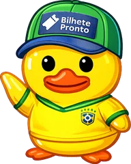 Mascote do Bilhete Pronto: pato de camisa da seleção brasileira com boné do grupo